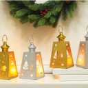 DECORKEY Christmas Lanterns Decorations Outdoor&Indoor, 4PCS Decorative Candle Holder Set with Christmas Tree, Snowman, Reindeer, Santa Claus Openwork Patterns, Hanging&Tabletop Decor (No Glass) (Golden *2+silver *2)