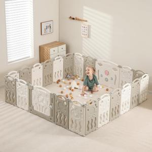Foldable Playpen for Toddlers, Extra Large 22 Panel Baby Play Yard - Adjustable Baby Gate Playpen (Grey+White)