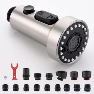 J-HVA Pull Down Kitchen Faucet Sprayer Head Replacement Part, 3 Function Pull Out Sink Sprayer Replacement Nozzle with 15 Adapters, Kitchen Faucet Head Hose Spray Tap Spout, Brushed Nickel