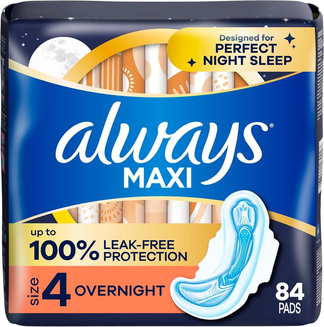 Always Maxi Overnight Pads with Wings for Women, Size 4, Overnight Absorbency, Unscented, 84 Count (3 Packs of 28)