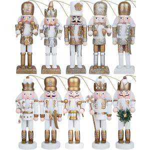 10Pcs Nutcracker Christmas Decor Nutcracker Ornaments for Christmas Tree Wooden Nutcracker Hanging Decorations Gold and Silver Nutcracker Soldiers Glittered Nutcracker Figures 5.2 Xmas Ornament Set
