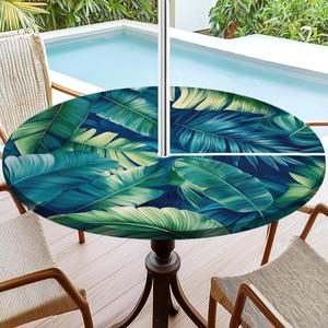 Round Fitted Tablecloth with Umbrella Hole and Zipper Round Tablecloth Decor Indoor Outdoor Waterproof Elastic Washable Table Cover for Kitchen Picnic Party Fits 36"-42" Patio Tables