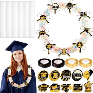 28PCS Black and Gold Graduation Decorations 2025 Candy Leis Making Kit - Hawaiian Congrats Grad Necklaces Party Supplies(Assembly Needed, Candy not Included)