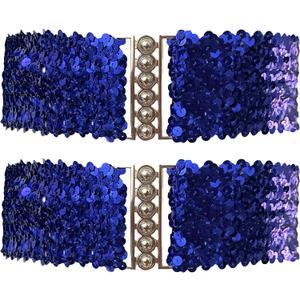 2 Pack Girls Sequin Sparkly Metal Interlooking Buckles Elastic Waist Belt, Glitter Stretchy Belt for Women (Total length: 24.8" (63cm), Blue)