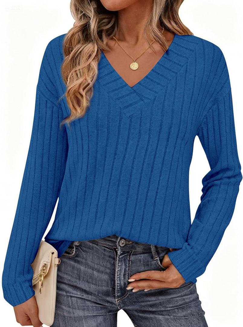 PRETTYGARDEN Fall Fashion 2026 Long Sleeve Shirts for Women Ribbed Knit V Neck Dressy Casual Lightweight Sweaters Tunic Tops (Blue, XXL)