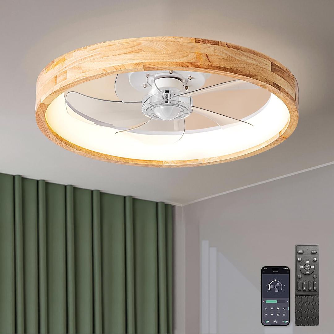 20 Inch Low Profile Ceiling Fan with Light, Flush Mount Wood Small Fandelier with Remote Control, Modern Smart Dimmable Quiet LED Fan Light for Bedroom Living Room, Medium
