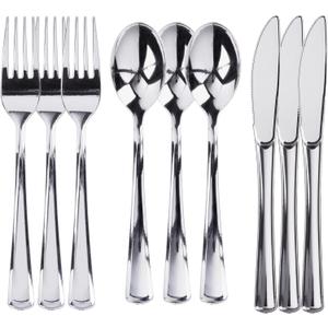 Prestee 600 Piece Plastic Silverware Set - 200 Silver Plastic Forks, Spoons and Knives - Heavy-Duty Utensils - Reusable and Disposable Cutlery Set for Weddings, Thanksgiving, and Christmas Parties