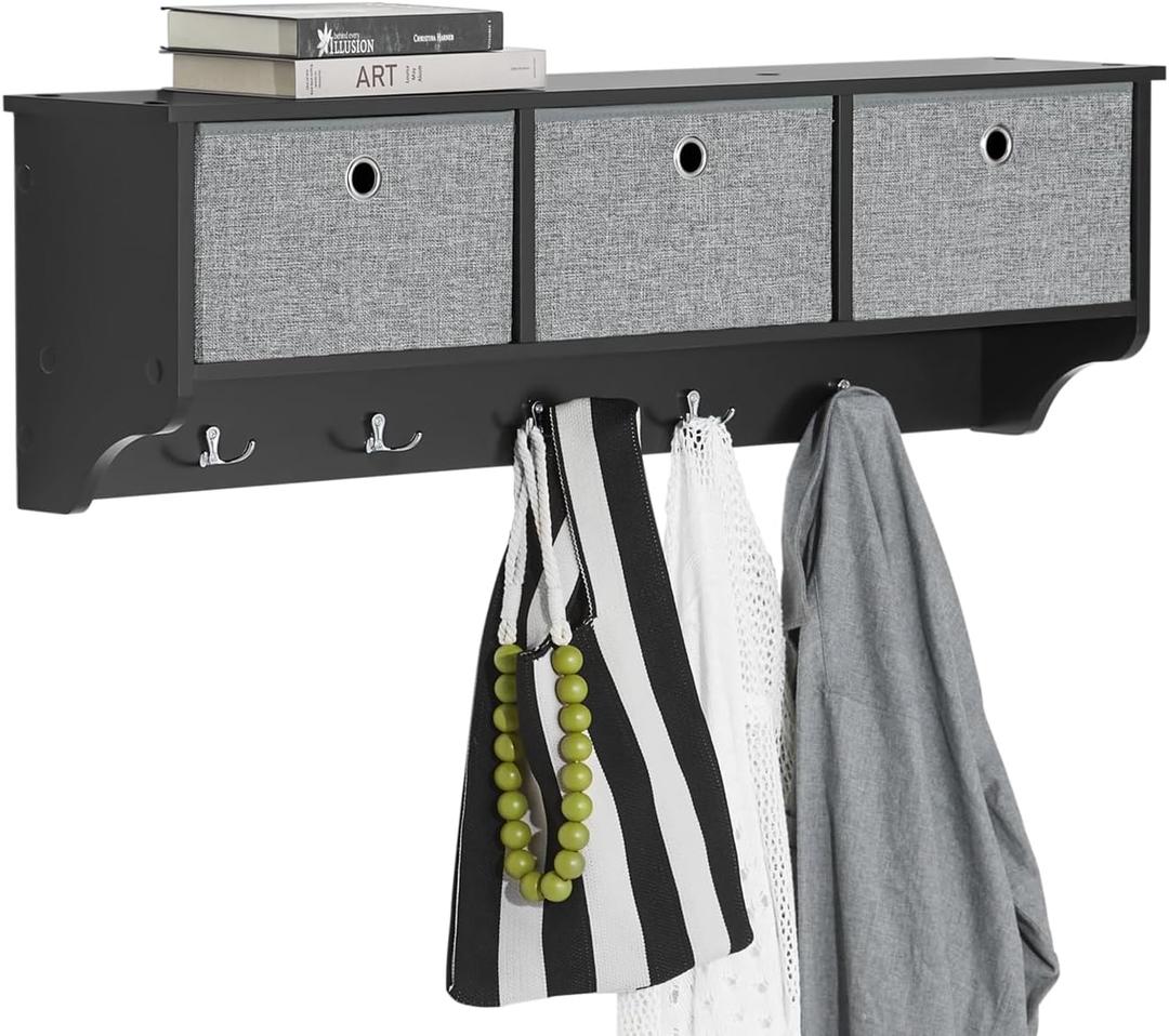 SoBuy Wall Shelf with Hooks, Coat Rack Wall Mount with Shelf Entrywall Storage Cabinet Unit with 3 Baskets 5 Hooks, Black, FRG282-SCH