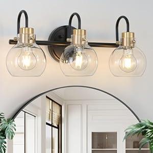 Apenath 3 Lights Bathroom Light, Black Gold Vanity Light Fixture, Wall Sconces with Globe Clear Glass Shade, Farmhouse Wall Mount Lamp for Mirror, Kitchen, Porch, Living Room, Workshop