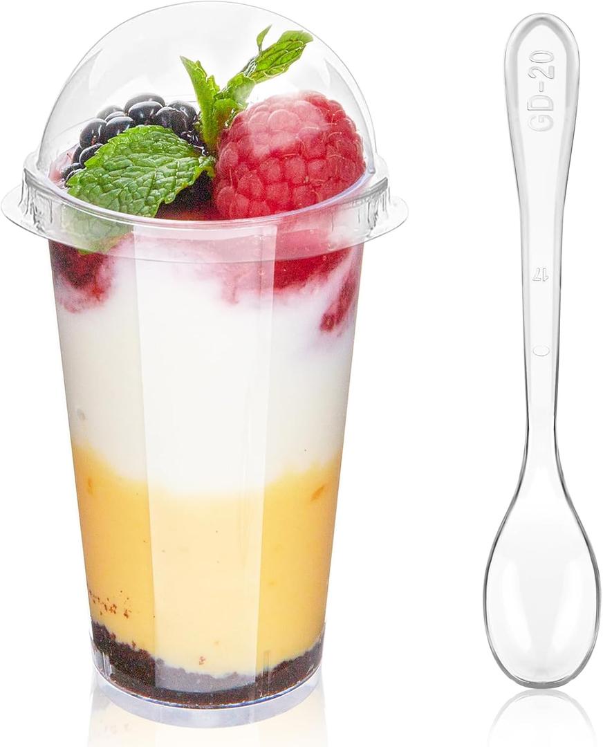 Zezzxu 3 oz Mini Dessert Cups with Lids and Spoons, 50 Pack Clear Plastic Dessert Shooter Cups Small Shot Glasses for Appetizers Parfaits Puddings Mousse