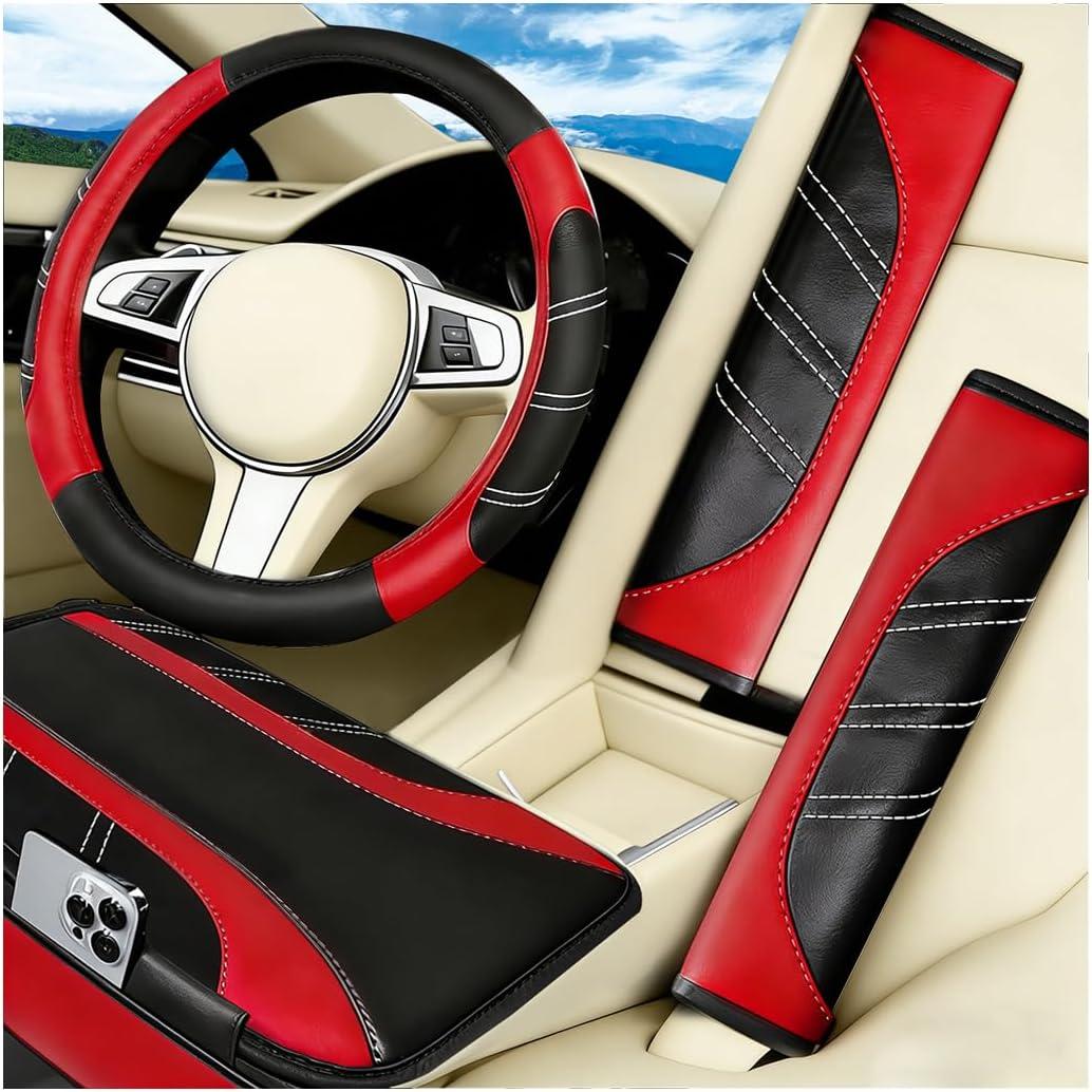 4PCS Car Accessories Set, 14.5-15 Inch Sporty Vehicle Steering Wheel Cover with Anti-Slip Lining, Automotive Interior Center Console Pad Seatbelt Cover, Universal for SUV Sedan Truck (Red)