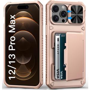 for iPhone 12 Pro Max & 13 Pro Max Case Wallet with Card Holder (4-5 Cards), Military Grade Drop, Slide Camera Cover, Shockproof Heavy Duty Men Women Phone Case for iPhone 12 Pro Max, Rose Gold