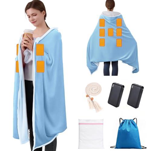 Wearable Heated Blanket with 2 20000mAh Power Banks, 11 Heating Zones, 3 Heat Levels, Timer, USB Powered, Machine Washable, for Camping, Office, Travel, Home Use (Snowy Blue)