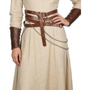 L'VOW Medieval Chain Leather Belt for Women Vintage Thin Belt for Renaissance Dresses Cosplay (Brown)