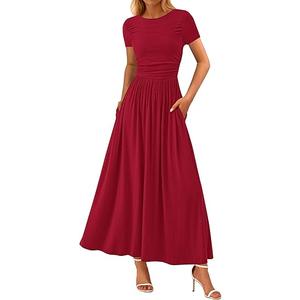 PRETTYGARDEN Women's Casual Dresses 2025 Summer Short Sleeve Ruched Patchwork A Line Pleated Swing Maxi Dress with Pockets, Red, Size XS PRETTYGARDEN Women's Casual Dresses 2025 Summer Short Sleeve Ruched Patchwork A Line Pleated Swing Maxi Dress with Pockets, Red, Size XS