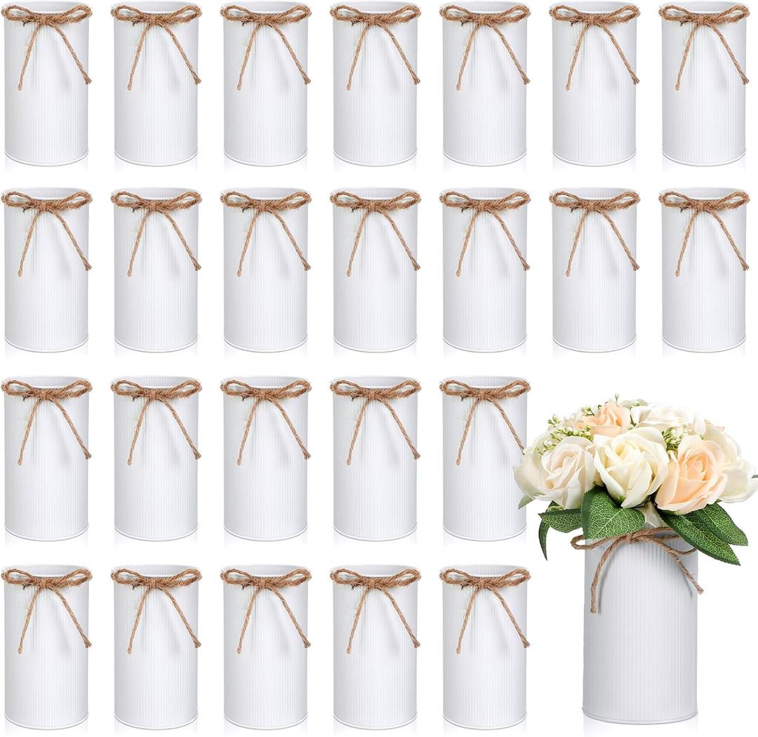 Rustic Vase for Table Centerpieces 5.91 Inch Flower High Vase with Twine Bow Vintage Farmhouse Decor for Wedding Reception Dining Baby Shower Home Galvanized Metal Buckets(White,24 Pcs)