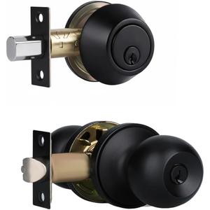 Front Door Lock Set Exterior Door Lock Set with Deadbolt, Single Cylinder Deadbolt Lock and Door Knob Set, Keyed Alike,Matte Black Door Knob and Deadbolt Set(1Pack Set)