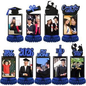 Spiareal 9 Pcs Graduation Decorations Class of 2026 Table Centerpieces Congrats Glitter Grad Honeycomb for Photo Toppers 2026 Congratulate Graduation Party Decor Favor Supplies(Blue)