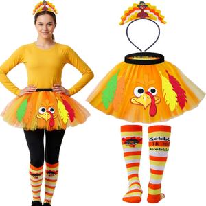 Vicenpal Thanksgiving Turkey Costumes Set for Women Thanksgiving Tutu Turkey Headband and Sock for Cosplay Party