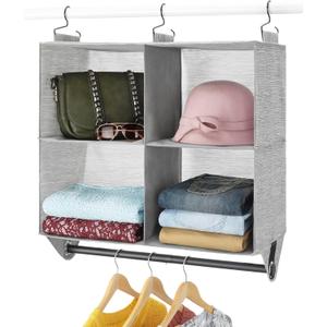 Whitmor Hanging Closet Organizer - 4 Section Closet Organizer with Garment Rod - Space-Dyed Grey