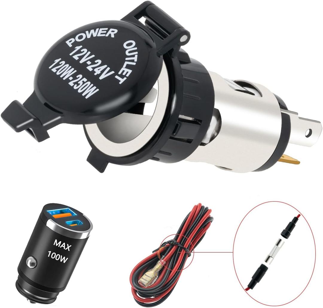 Universal 12V-24V Car Cigarette Lighter Socket with Waterproof Cover & Extension Cable