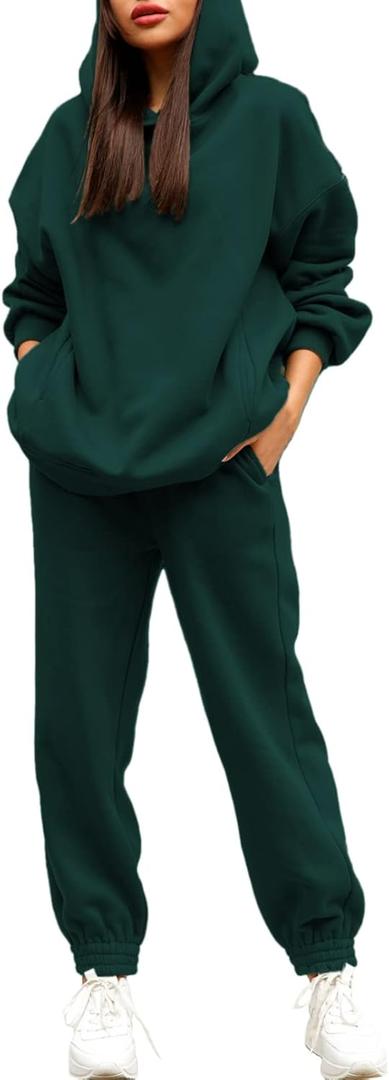 Linsery Women Hoodies Sweatsuit Long Sleeve Hooded Matching Joggers Sweatpants 2 Piece Tracksuit Sets (Large, Dark Green)