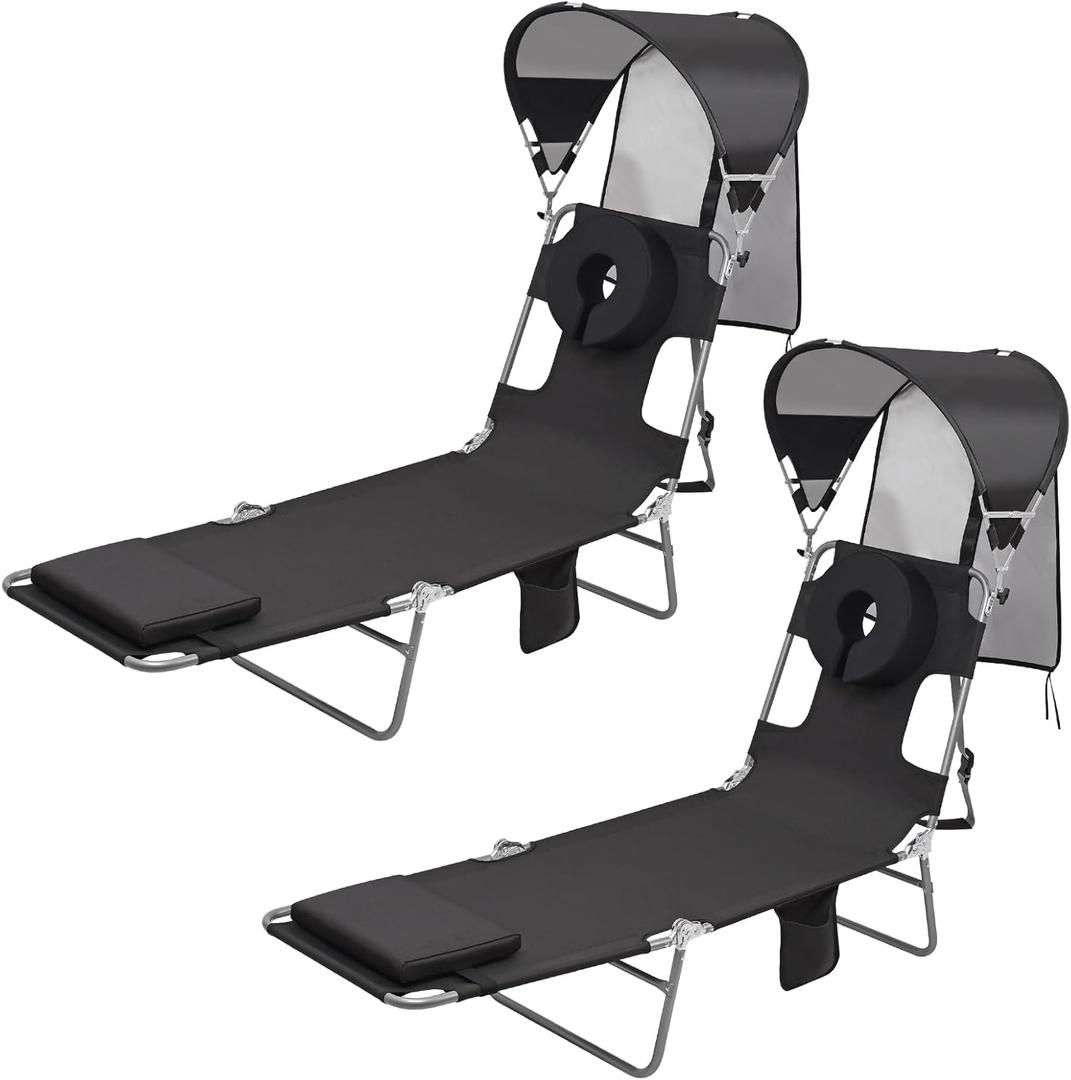 Backpack Beach Tanning Chair with UPF 50+ Canopy Sun Shade Face Hole, Folding Lounge Chair Reclining 6 Position for Adults Reading Sunbathing Outside Poolside Camping (Black)