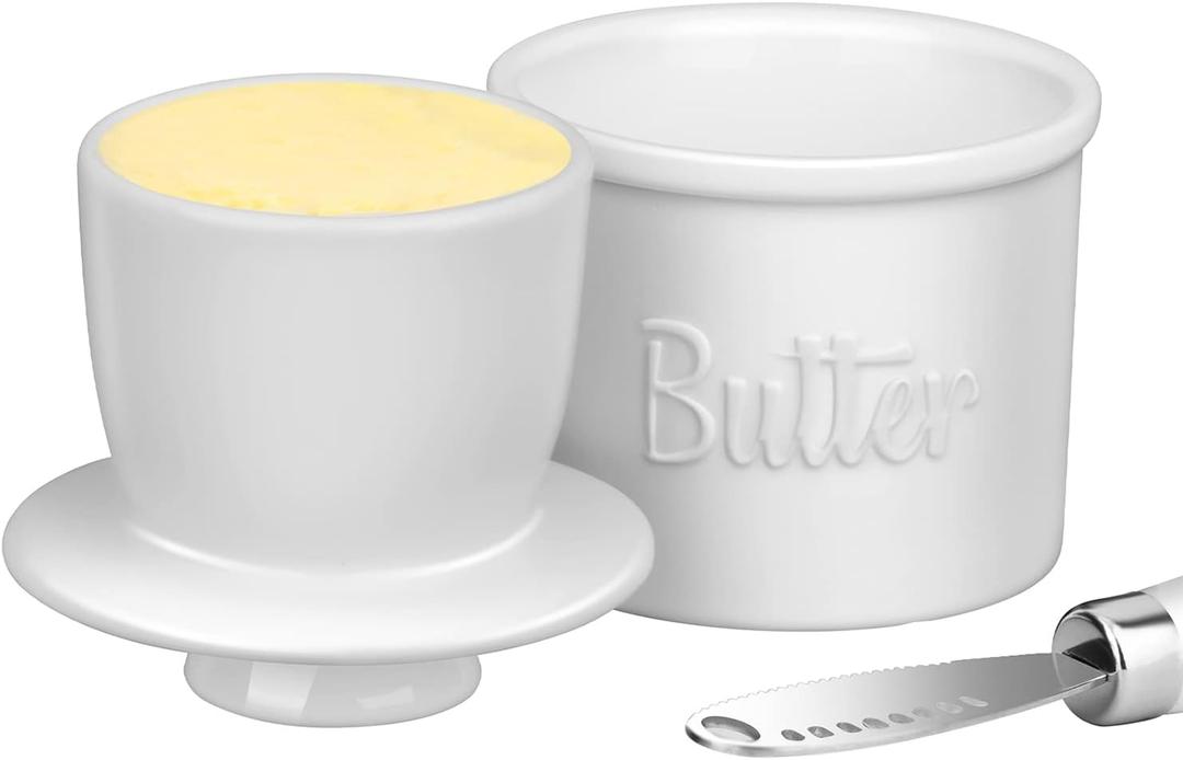 Butter Crock with Spreader, French Butter Keeper with Water Line for Counter, The Original Porcelain Butter Dish. Gift for Thanksgiving, Christmas and Mothers Day,JSHKY. (Color: White)