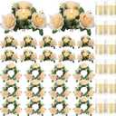 Yunlly 12 Pcs Rose Candle Rings with Flameless Candles Sets, Artificial Flower Eucalyptus Wedding Centerpiece 3 Inch Pillar Candleholders Wreaths for Wedding Party Mother's Day (Champagne)