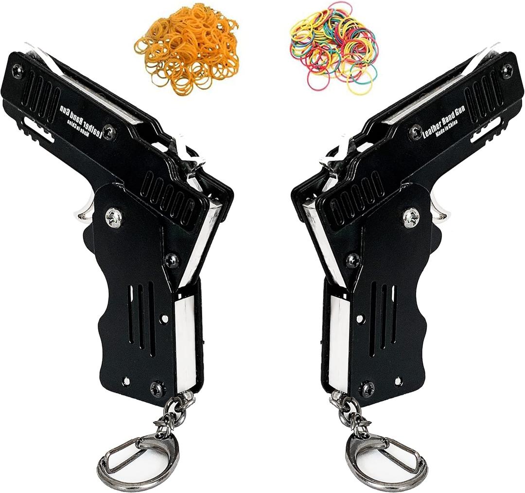 2 Packs of Mini Metal Folding Rubber Band Gun Toy with Keychain and Over 100 Rubber Bands.