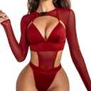 Avidlove Rave Outfits for Women Festival Sexy Lingerie Bodysuit Buckle Shrug Crop Top Set (Hot Red, Medium)