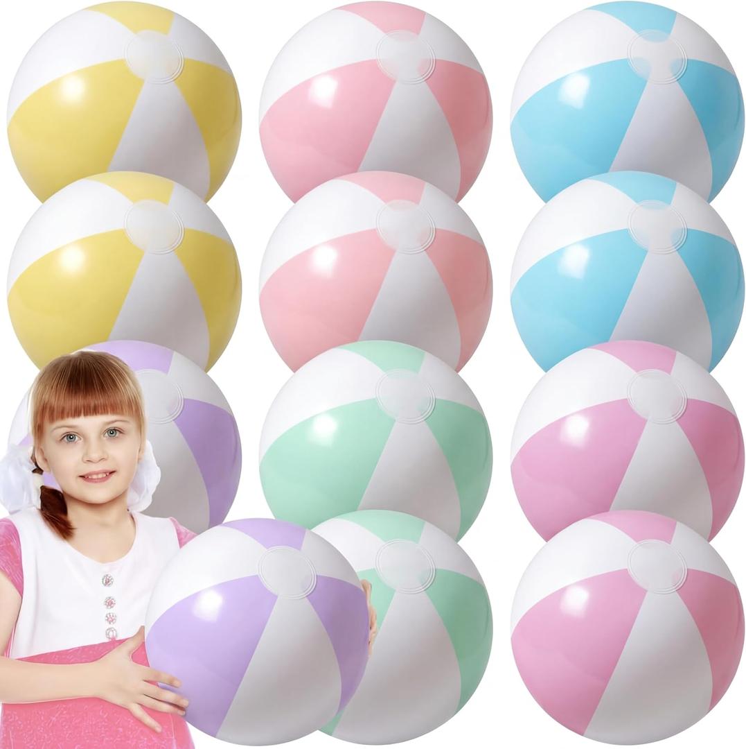 MiniInflat 12 Pcs 16 Inch Inflatable Beach Balls Bulk Jumbo Pastel Inflatable Decorated Ball with Macaron Color PVC Party Ornaments for Summer Birthday Party Decoration