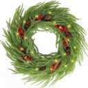 24 Inch Lighted Christmas Wreath for Front DoorNorfolk Pine Green Prelit Christmas Wreaths, Real Touch Wreath for Home Decorations Xmas Indoor Outdoor Decor (Green)