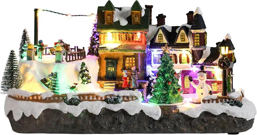 Vipush Christmas Village House Decorations Resin Village in Winter Home Decor Indoor Building Figurines Revolving Train with LED Light and 8 Christmas Music for Kids (Skating)