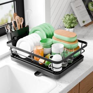 Kitsure Dish Drying Rack - Compact Dish Rack with Utensil Holder & Adjustable Water Outlet, Rust-Proof & Scratch-Resistant Drying Rack for Kitchen, 14.5" x 12.0" x 4.0", Black
