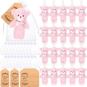 Lenwen 60 Pcs Tiny Stuffed Bear Baby Shower Decorations, Include 4.7 Inch Soft Bear Doll White Organza Bag Thank You Tag for Wedding Birthday Party (Pink)