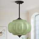 11.8in Green Glass Schoolhouse Light Fixture Large, Bulb Included | Semi Flush Mouted Pendant Lighting for Kitchen Island Dining Room Hallway Entryway Bedroom Antique Black and Green 1 Pack, 15in