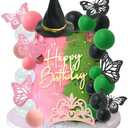 33 PCS Witch Cake Topper Crown Butterfly Cake Decoration with Green Pink Balls and Witch Hat for Witch Theme Birthday Party Supplies