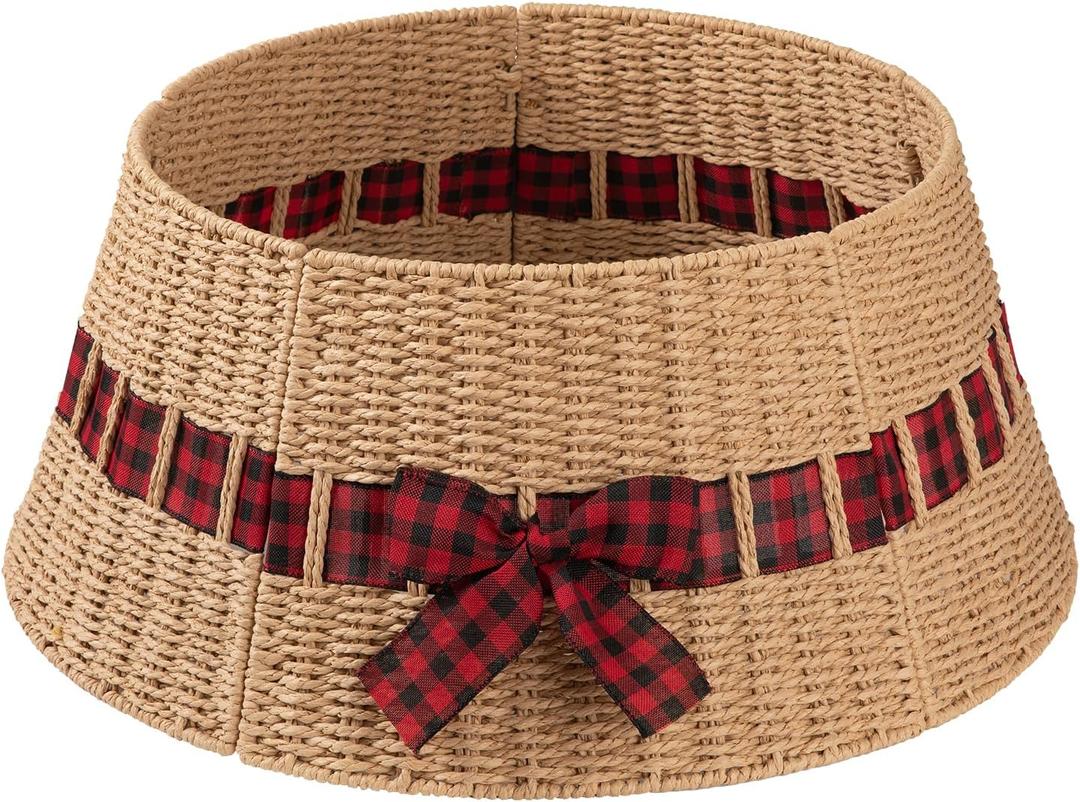 OIAHOMY Christmas Tree Collar, Wicker Holiday Tree Skirt & Stand Base Cover, Paper Rope Christmas Decor with a Bow Tie, Natural-24 inch