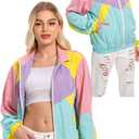80s Windbreaker Jacket for Women, Retro Color Block Casual Coat Neon Long Sleeve Outerwear (L)