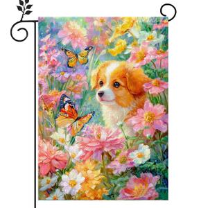 Spring Summer Welcome Garden Flag 12x18 Inch Double Sided Dog Floral Butterfly Burlap Small Yard Flag Seasonal Farmhouse Outside Outdoor Decoration