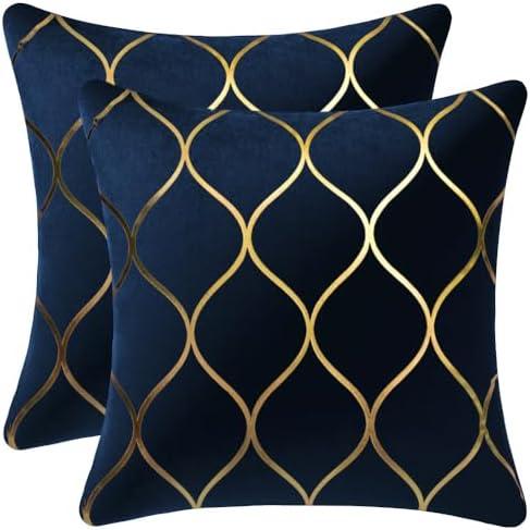 DEZENE Gold Velvet Throw Pillow Covers Navy: 2 Pack 18x18 Inch Square Decorative Pillow Cases for Bedroom Sofa Couch Living Room