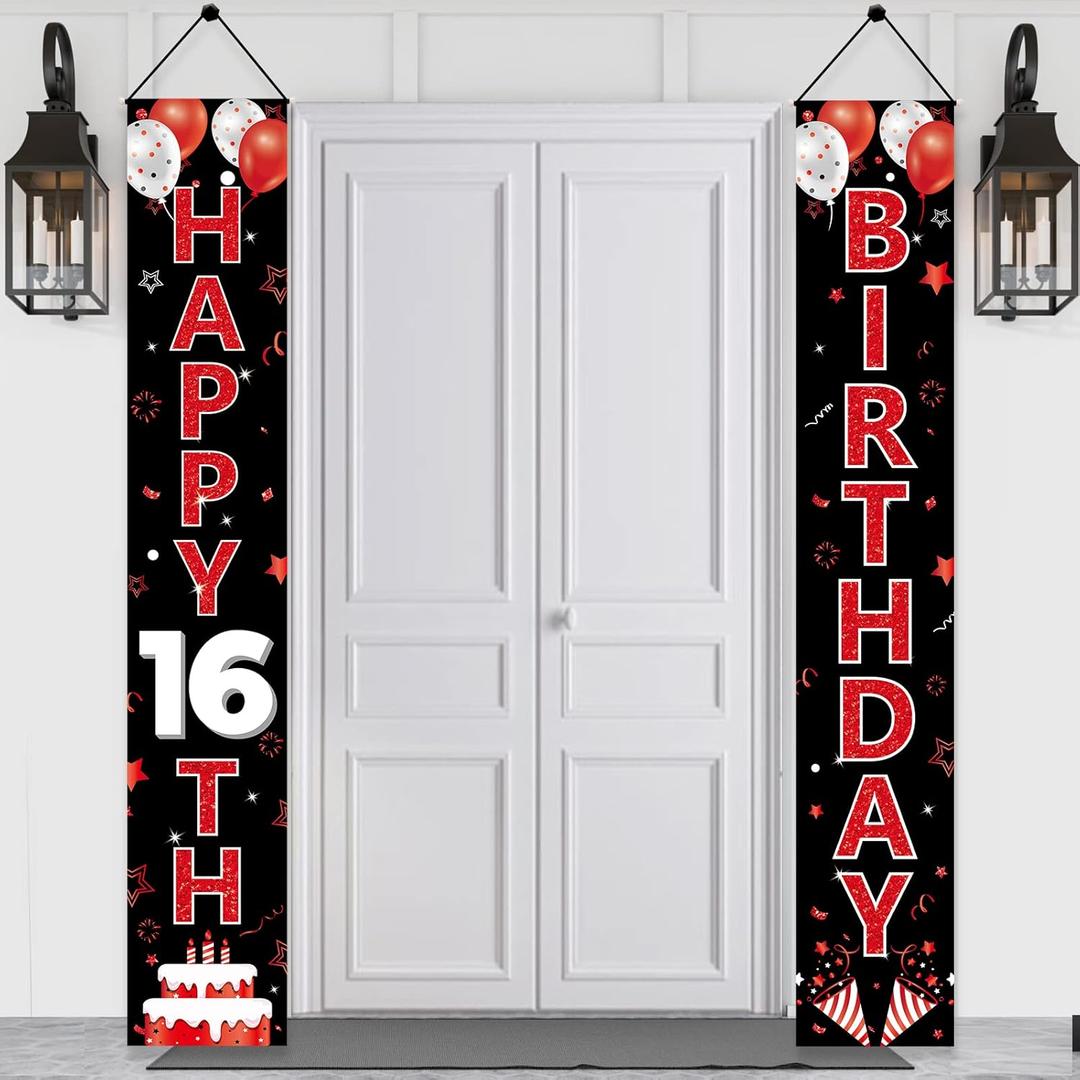 Red and Black 16th Birthday Decorations Door Banner for Women, Red Black Happy 16 Birthday Porch Sign Party Supplies, Sixteen Year Old Birthday Backdrop for Outdoor Indoor