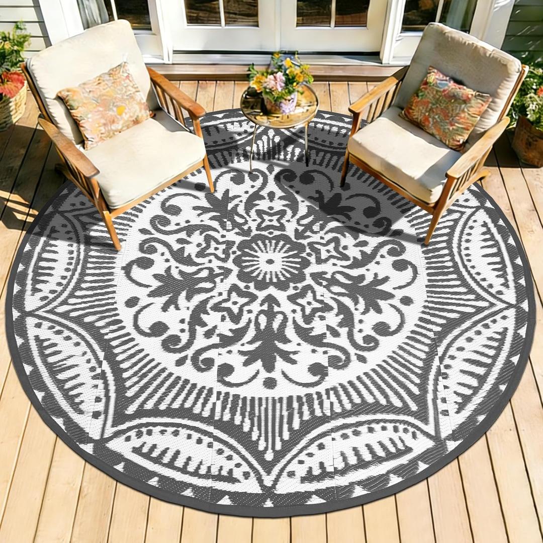 Capslpad 5x5 Floral Outdoor Rug for Patio Clearance Reversible Mat Round Portable Plastic Straw Carpet Waterproof Boho Indoor Outside Area Rugs for RV Camping Picnic Balcony Beach Deck, Grey