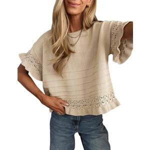 Yeokou Womens Short Sleeve Sweater Round Neck Ruffled Hem Knit Crochet Pullover Summer Fall Casual Top Blouse (Beige, XL)