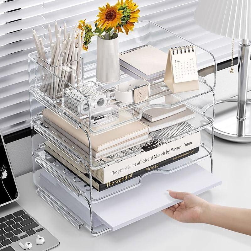 JOSUCLEN Paper Organizer, Acrylic Desk Organizer and Storage Office, Set of 4 File Organizer for Desk, Stackable Paper Tray (Style 2)
