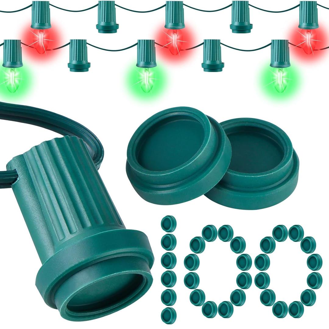 100 Pcs Christmas Light Bulb Socket Cover, C7 and C9 Socket Caps for Covering Holiday Outdoor Unused Open Stringers Light, Waterproof (Green)