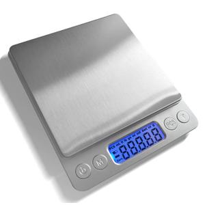 JOEAA Food Scale Digital Weight 3000g/0.1g Oz Grams and Ounces Kitchen Scale for Cooking Baking with Backlight LCD Display, Tare, 9 Units, Auto Off, 2 Trays, Batteries Included - Stainless Steel
