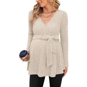 FMEYOA Womens Maternity Shirts Long Sleeve Pregnancy Tops Casual V Neck Ribbed Knit Pregnant Blouses (Beige, S)