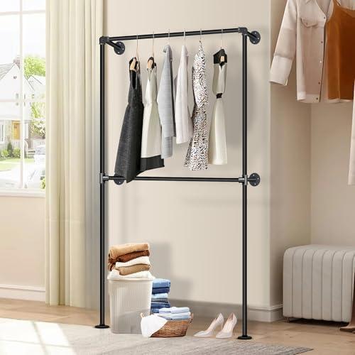 GENMOUS Metal Industrial Pipe Clothing Rack, Wall Mounted Clothes Rack for Hanging Clothes, Mordern Heavy Duty Iron Walk-in Closet Hanging Organizer System, Multi-Purpose Clothing Rod Black